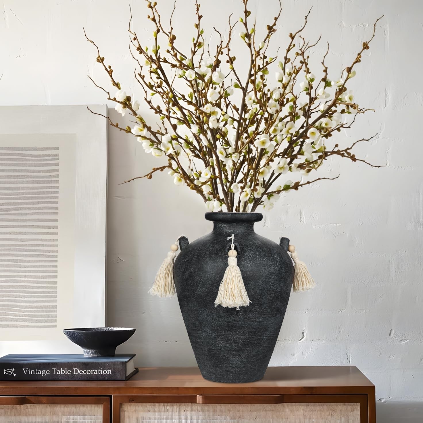 Black Ceramic Vase with Tassels Boho Pampas Grass Rustic Home Decor 24cm