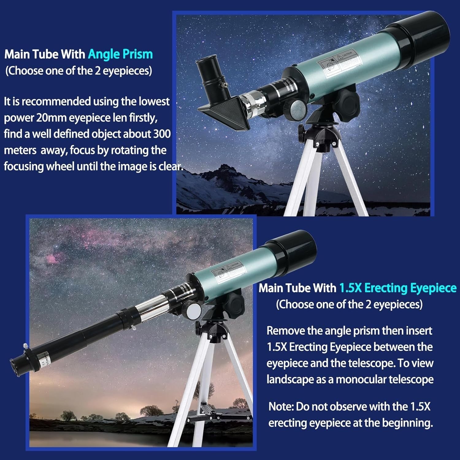 50mm Refractor Telescope 360mm for Kids & Beginners with Tripod, Blue