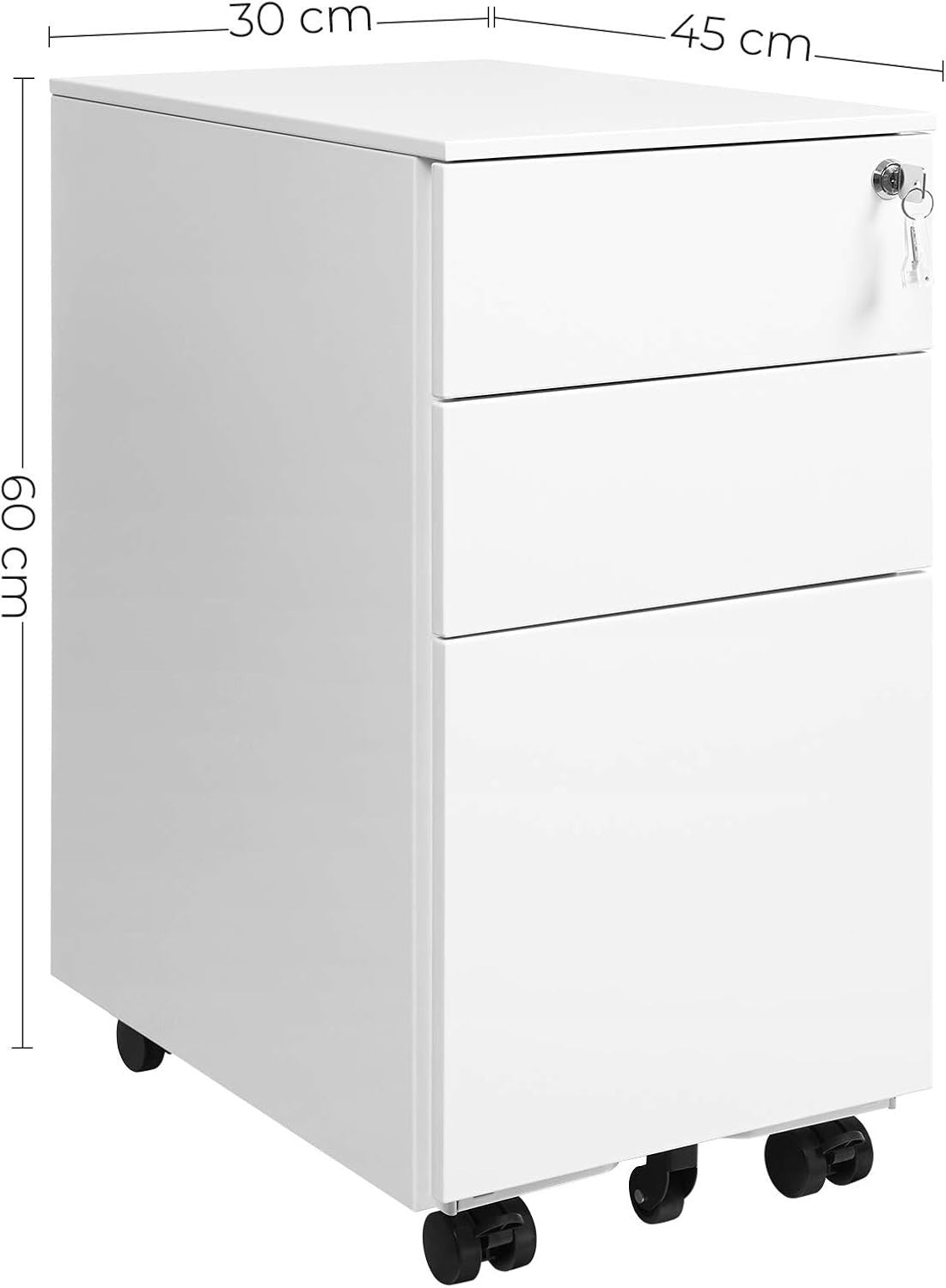White Mobile File Cabinet 45x30x60cm Lockable Steel 3 Drawer