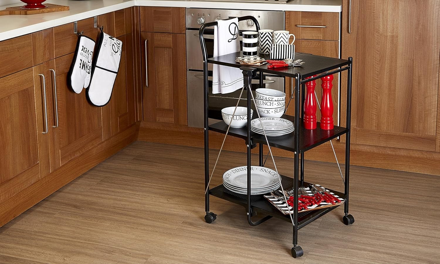 Folding Kitchen Trolley 3 Tier Rolling Storage Cart Metal Shelves Wheels