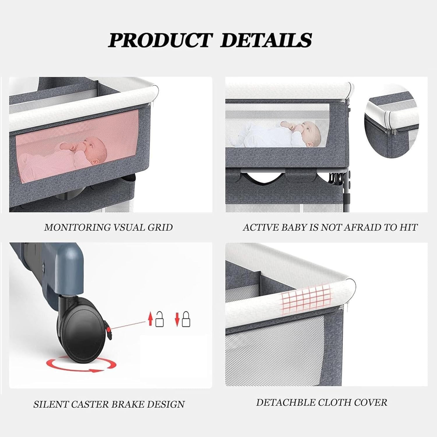 Twin Baby Crib Bassinet Adjustable Bedside Cot with Storage & Mattress Grey