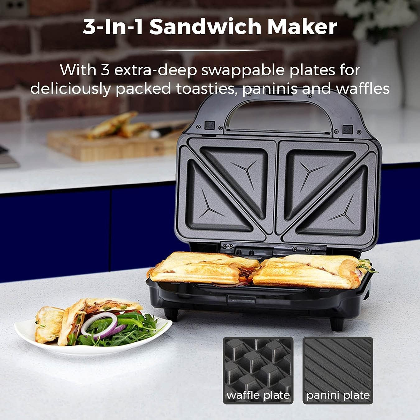 3-in-1 Deep Fill Sandwich & Waffle Maker 900W Non-Stick Plates