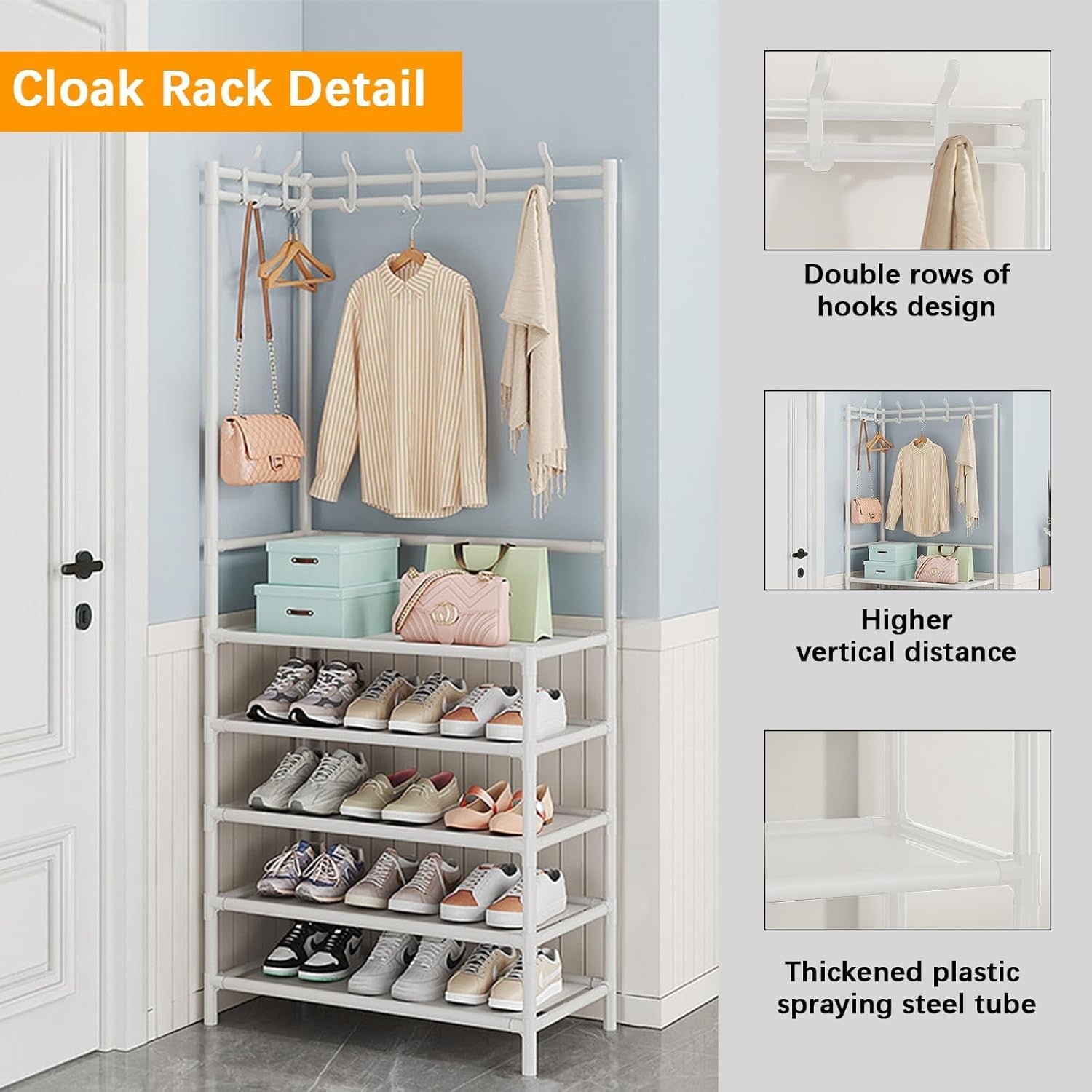 White 5-Tier Coat & Shoe Rack | Metal Hallway Storage Stand with Hooks