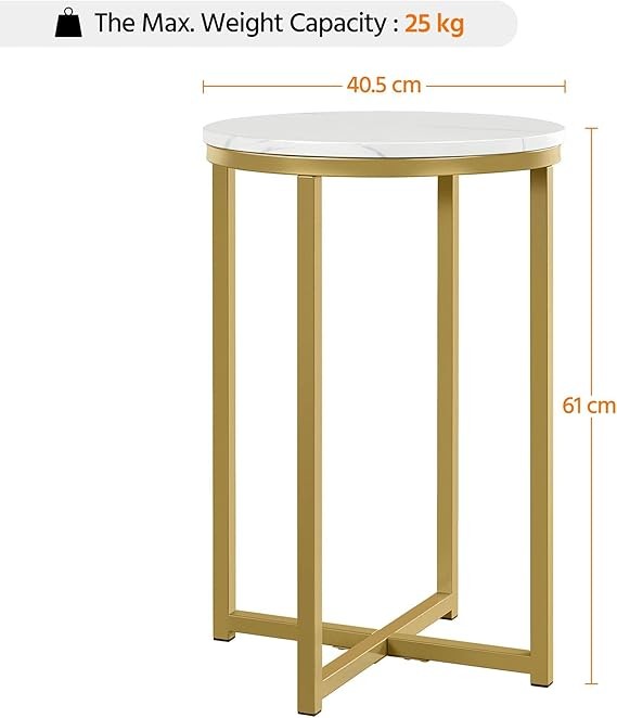 Round Marble Side Tables Set of 2, Gold Metal Frame, Modern X-Base Sofa