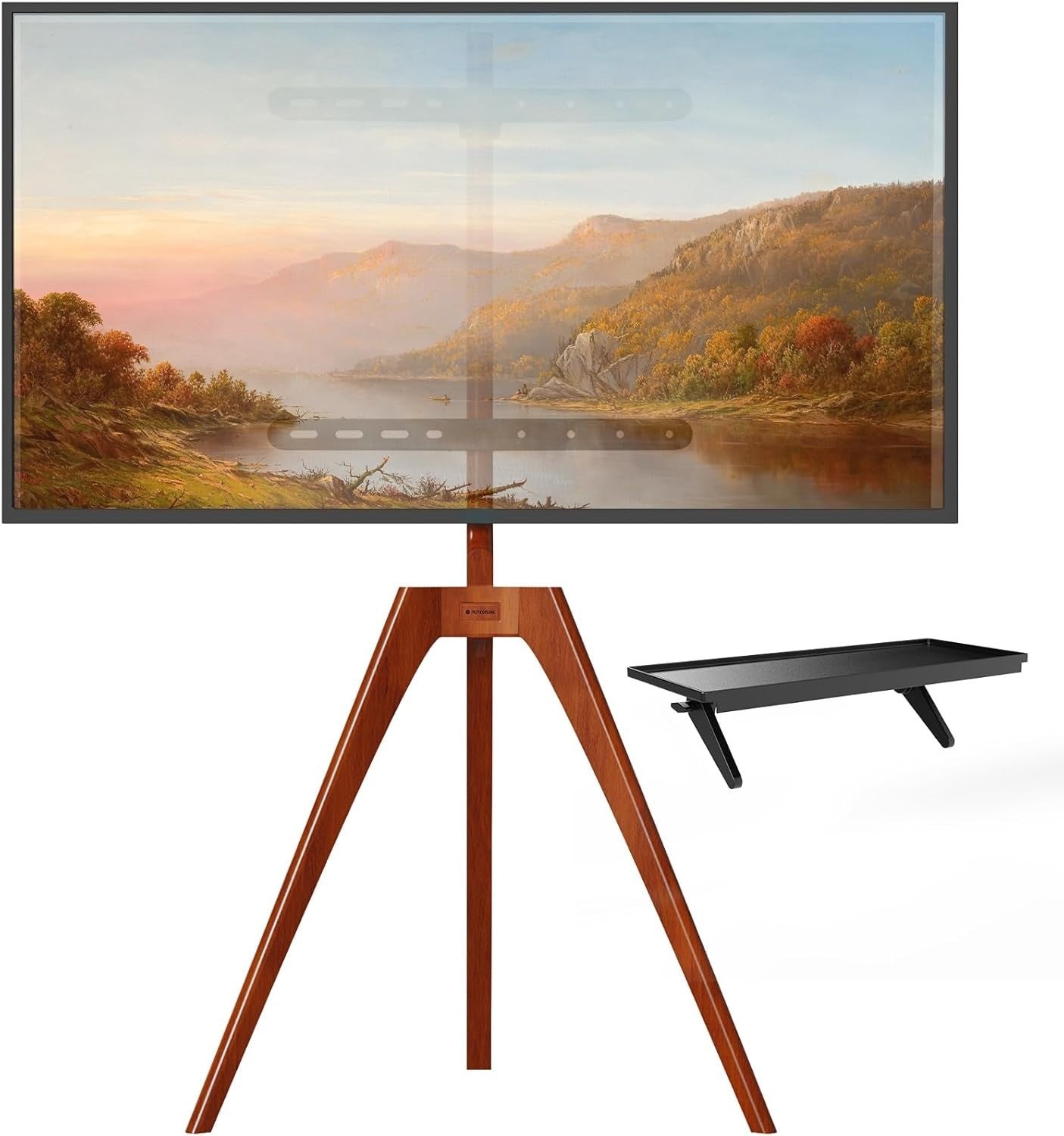 Wooden TV Stand Tripod 45–65” Adjustable Media Shelf Swivel Floor Mount