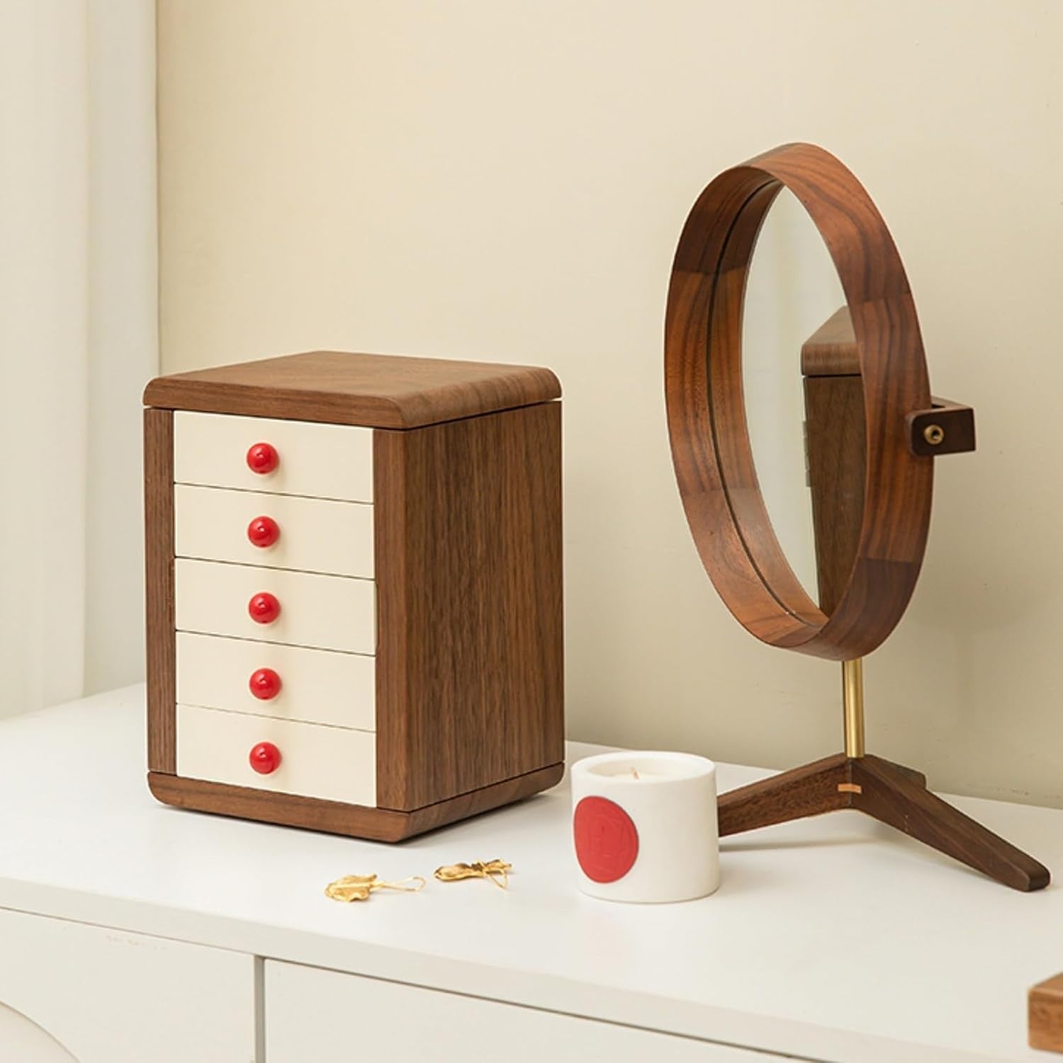 Retro Wooden Jewelry Organizer Box Multi Layer Drawer Magnetic Door