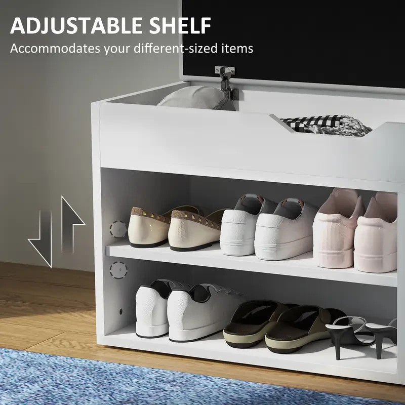White Shoe Storage Bench with Seat Cushion & Hidden Shelves 80cm