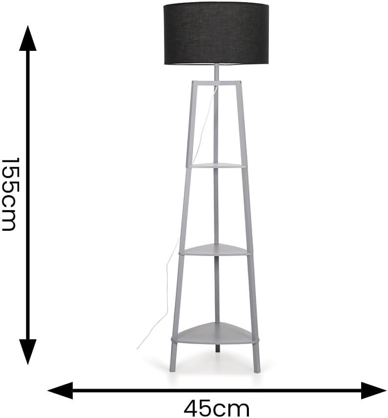 Modern Grey Wooden Floor Lamp with 3 Storage Shelves & LED Bulb, 156cm
