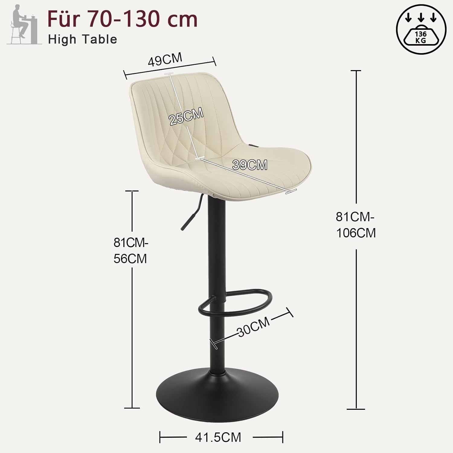 Beige Bar Stool PU Leather Swivel Height Adjustable Kitchen Chair