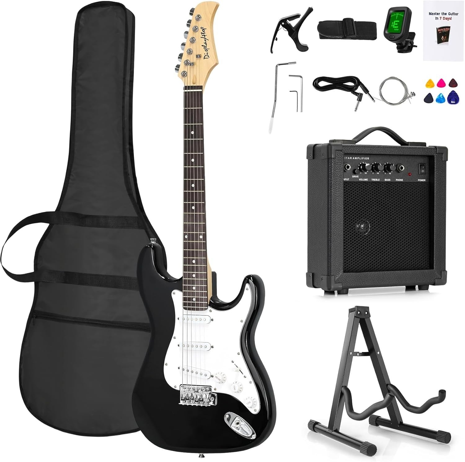 Full Size Electric Guitar Starter Kit Amp Stand Bag Tuner Black
