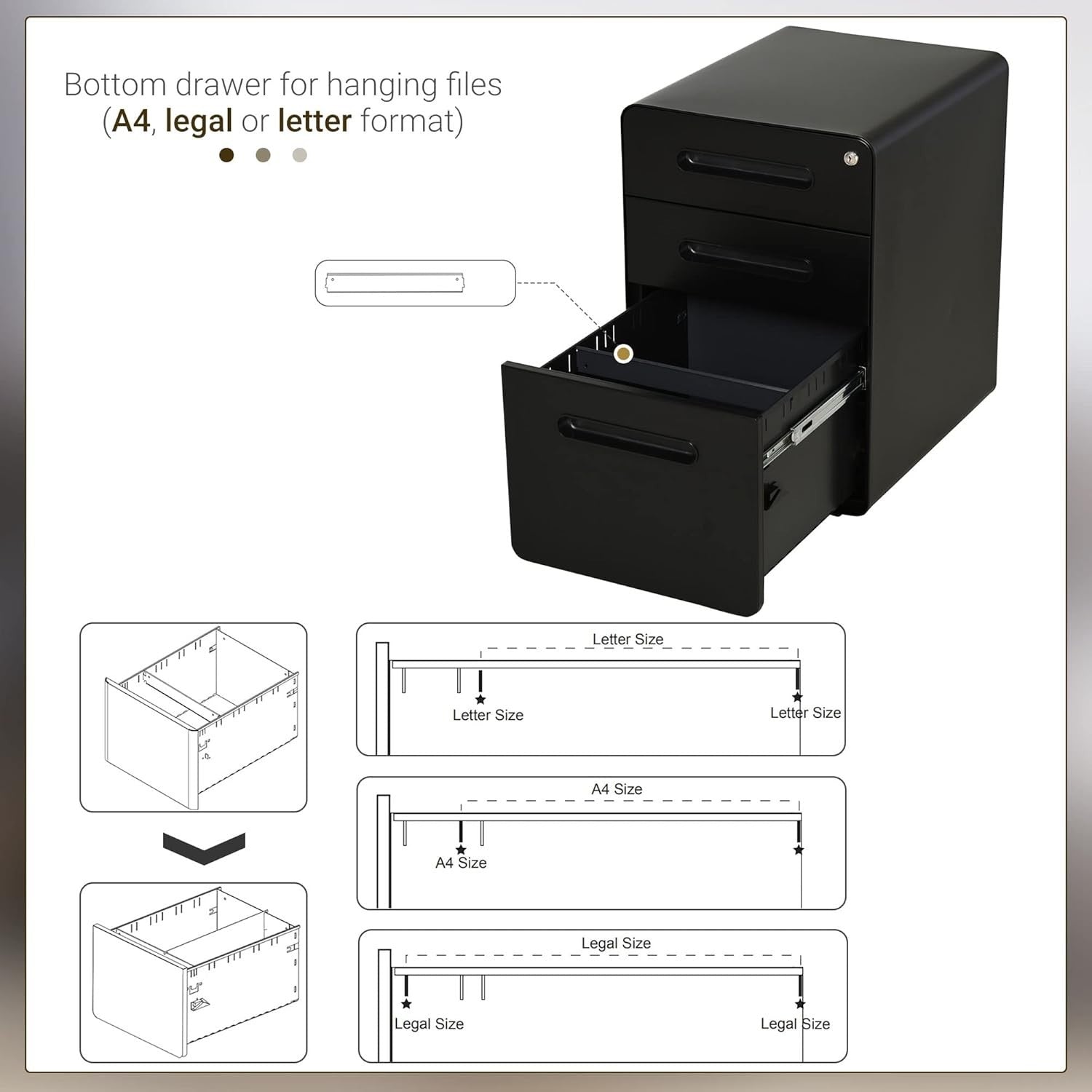 Black 3 Drawer Lockable Filing Cabinet with Wheels – A4 Vertical Office Storage