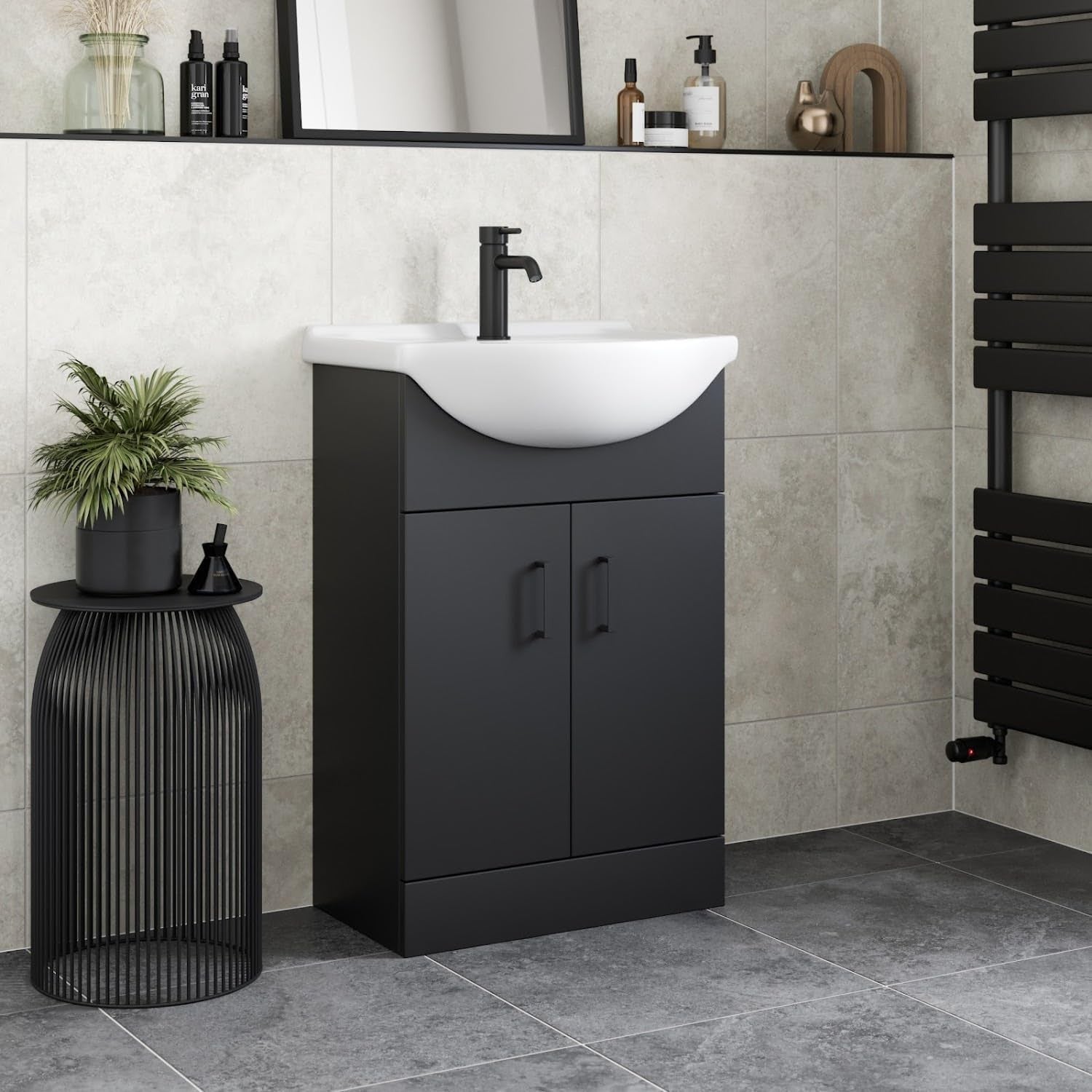 560mm Matt Black Vanity Sink Unit – Freestanding Bathroom Basin Cabinet