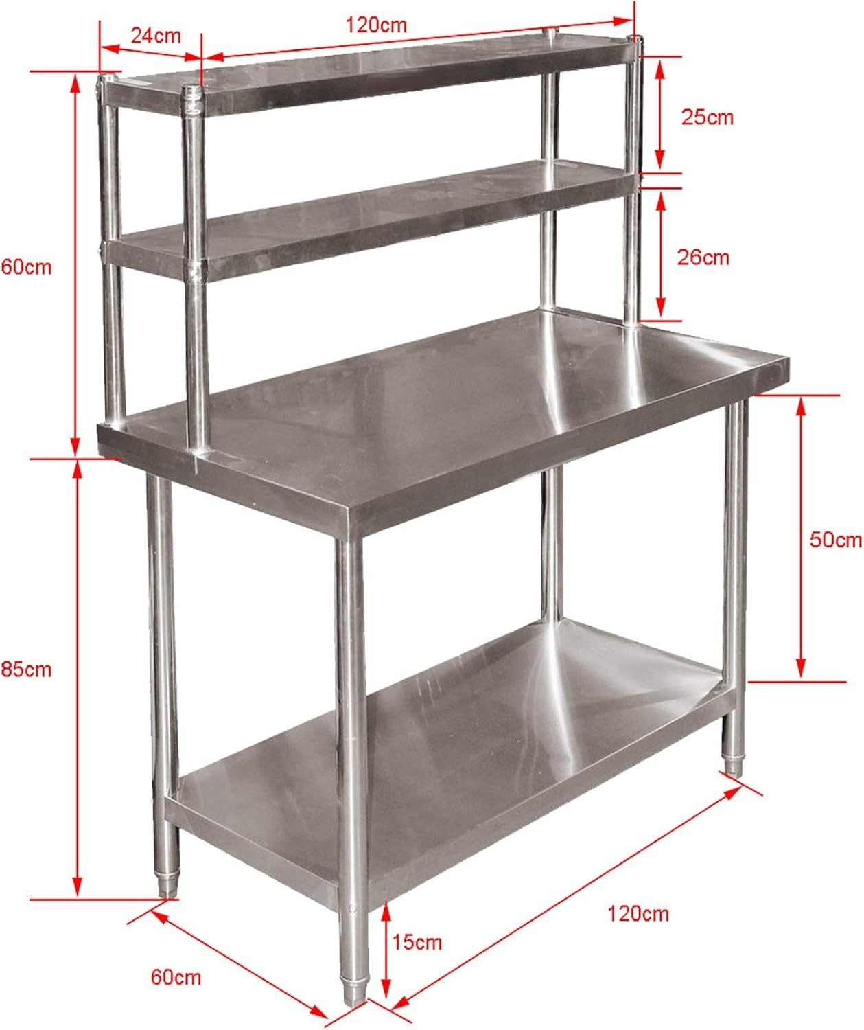 Stainless Steel Work Table 120x60x145cm with 2-Tier Top Shelf Height Adjustable