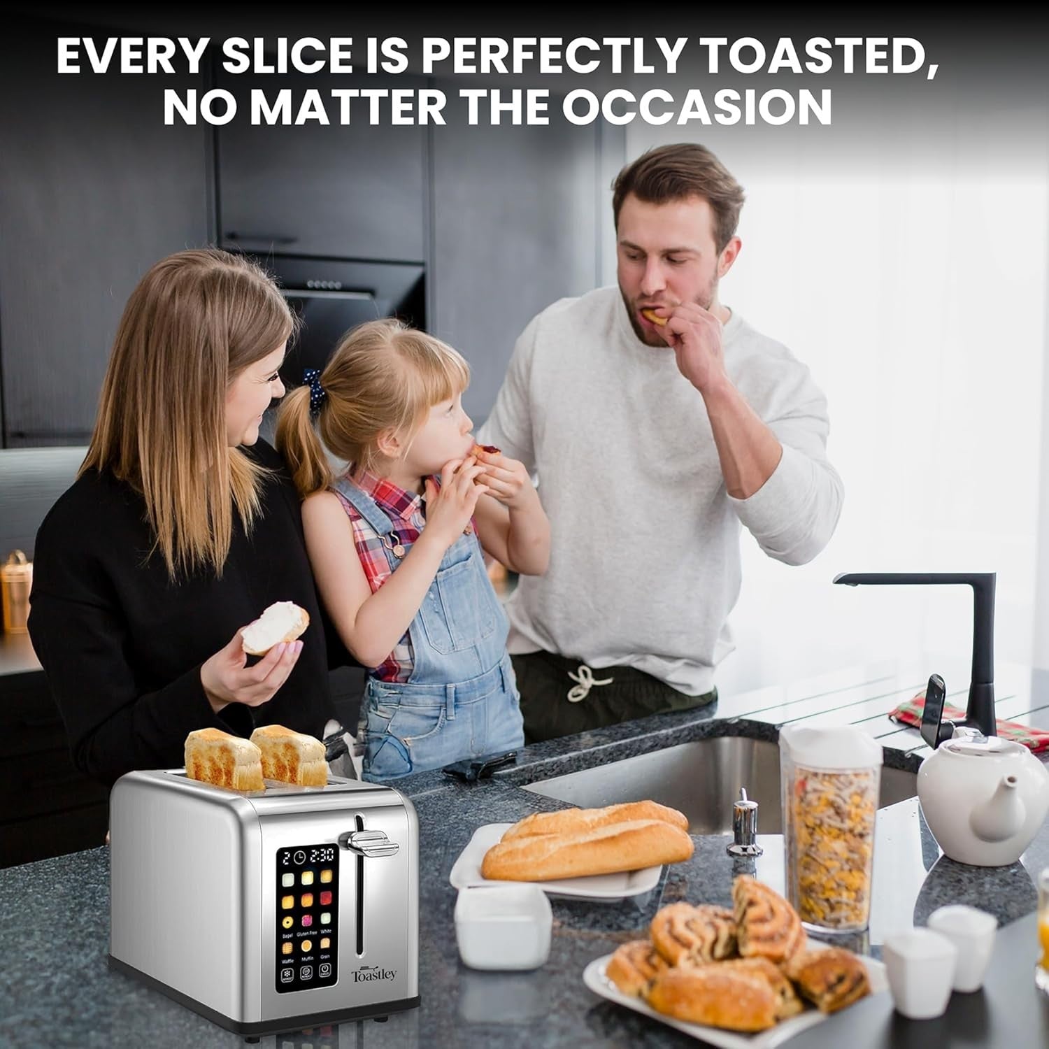 Smart Touchscreen Toaster 2 Slice Wide Slot Timer Reheat Defrost Auto-Off