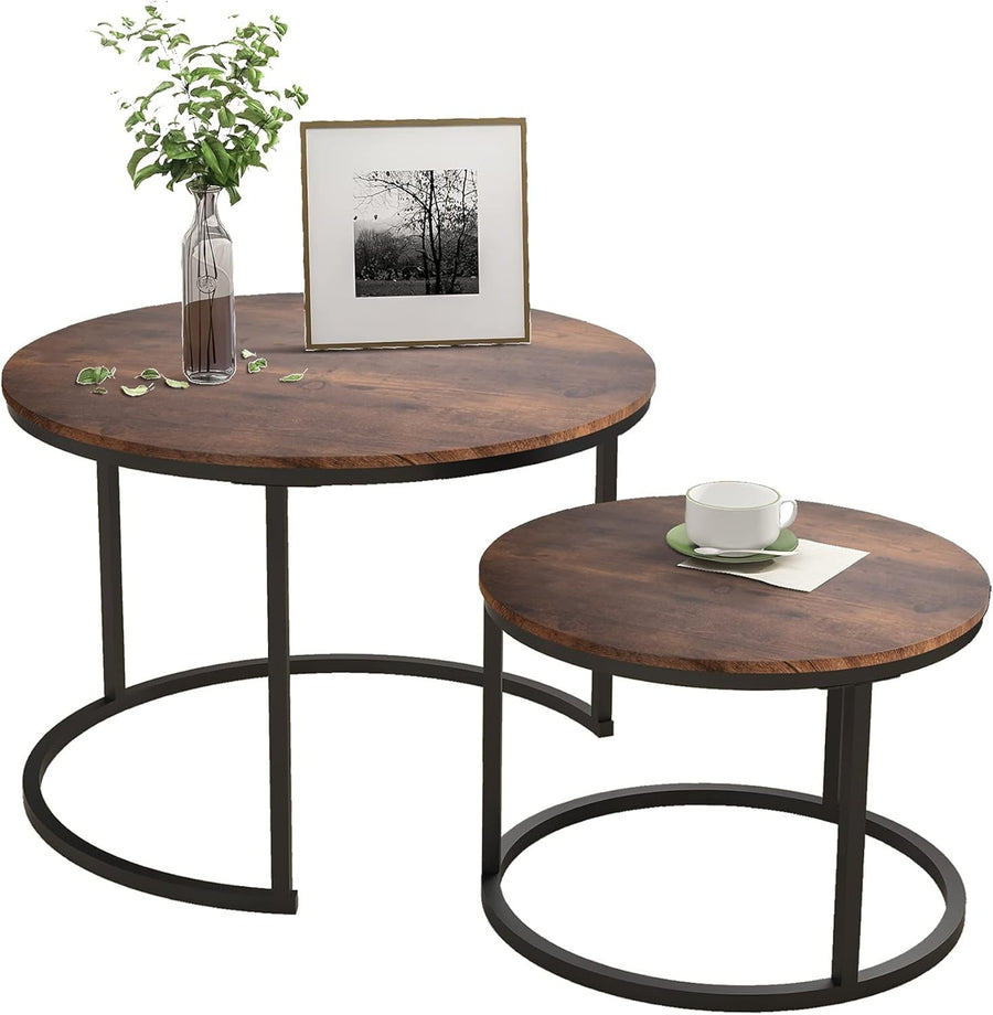 Round Coffee Table Set of 2 – Space-Saving Nesting Tables, Modern Metal Frame