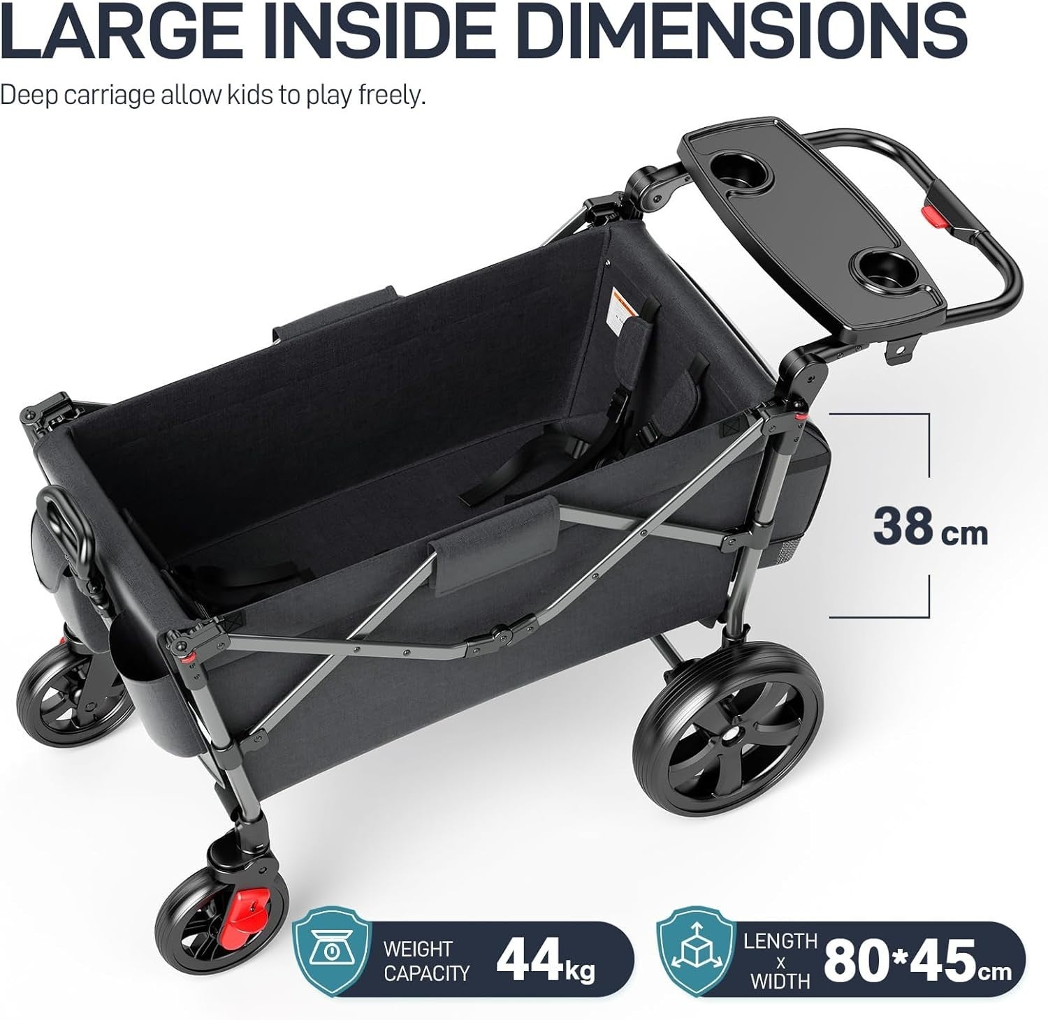 Black Stroller Wagon for 2 Kids w/ Canopy & Seats – Push Pull Cart Harnesses