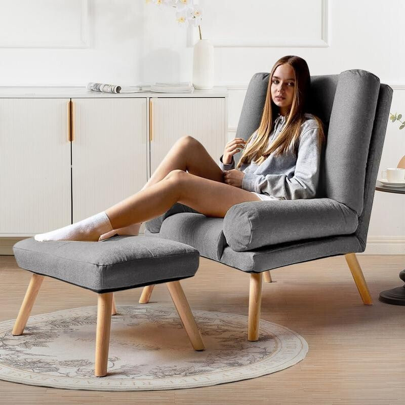 Push Back Recliner Armchair with Footstool Grey Lounge Chair for Living Room