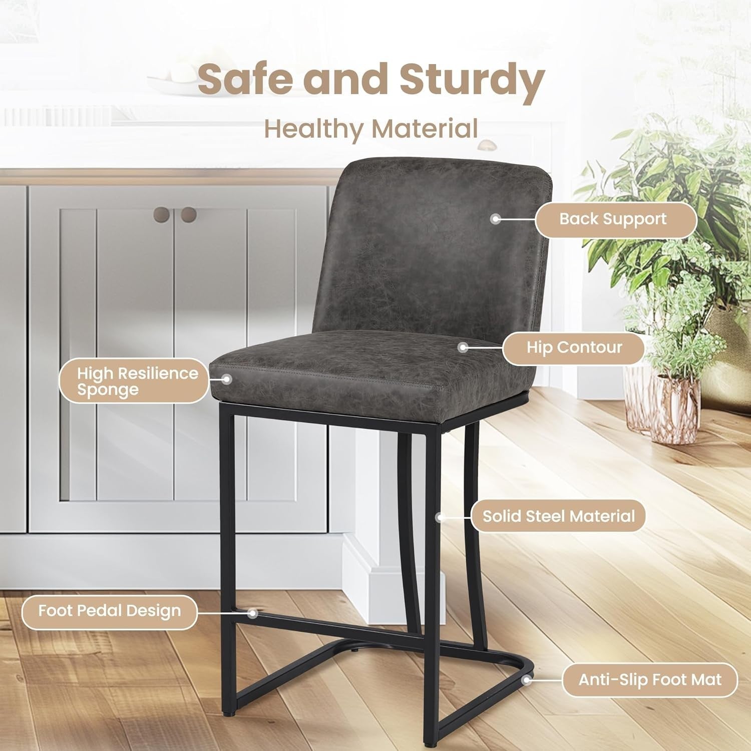 2PC Light Gray PU Leather Bar Stools – Adjustable Kitchen Counter Chairs