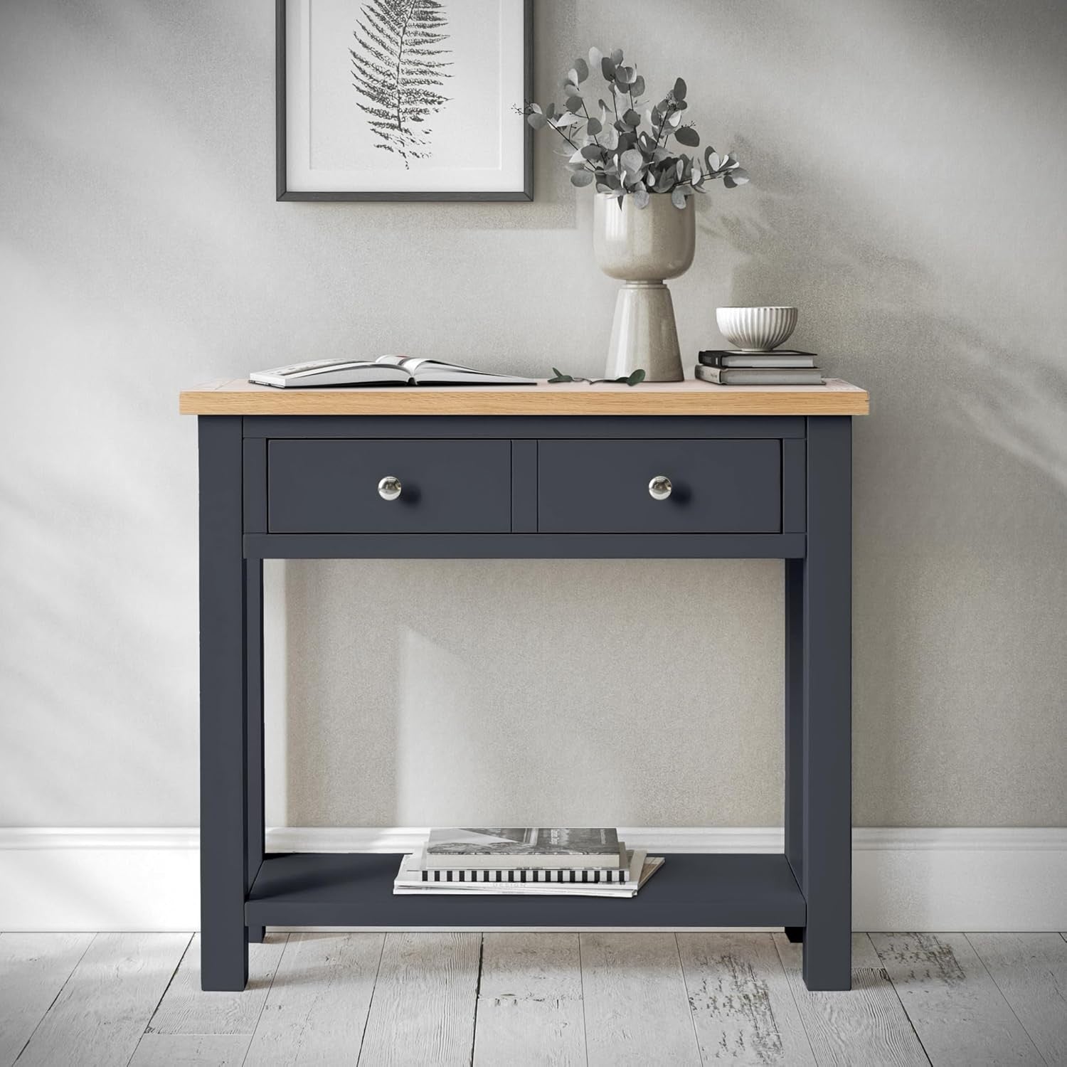 Wide Painted Oak Console Table with 2 Drawers & Lower Shelf, Hallway