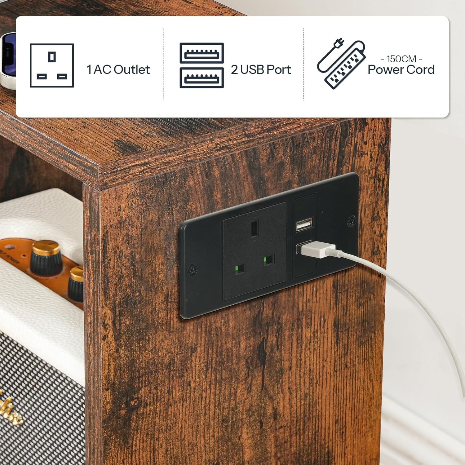 Slim S-Shaped Side Table w/ USB & AC Outlet | Narrow Bedside & End Table