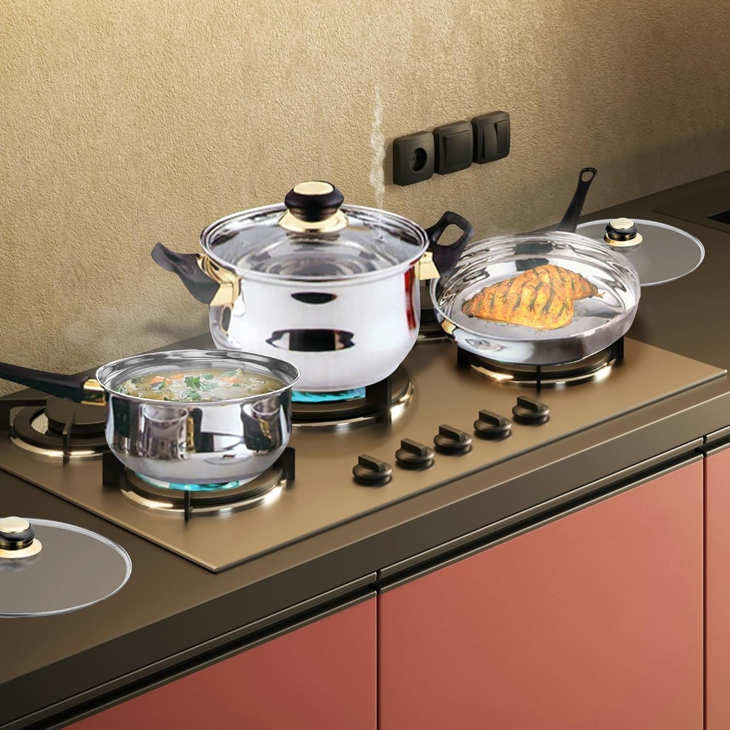12pcs Stainless Steel Cookware Set with Glass Lids Saucepan Frying Pot