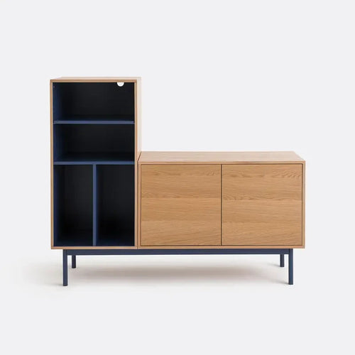 Modern Oak & Blue Modular Sideboard Cabinet with Adjustable Shelves