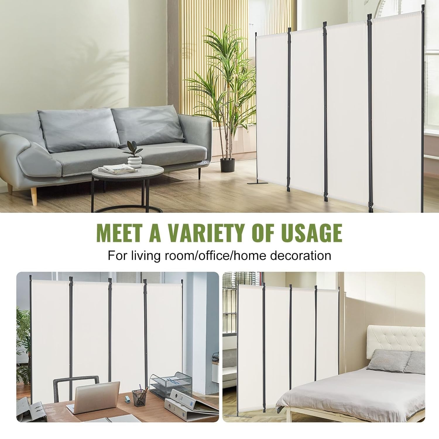 4 Panel Folding Room Divider White Fabric Freestanding Privacy Screen 288x173cm