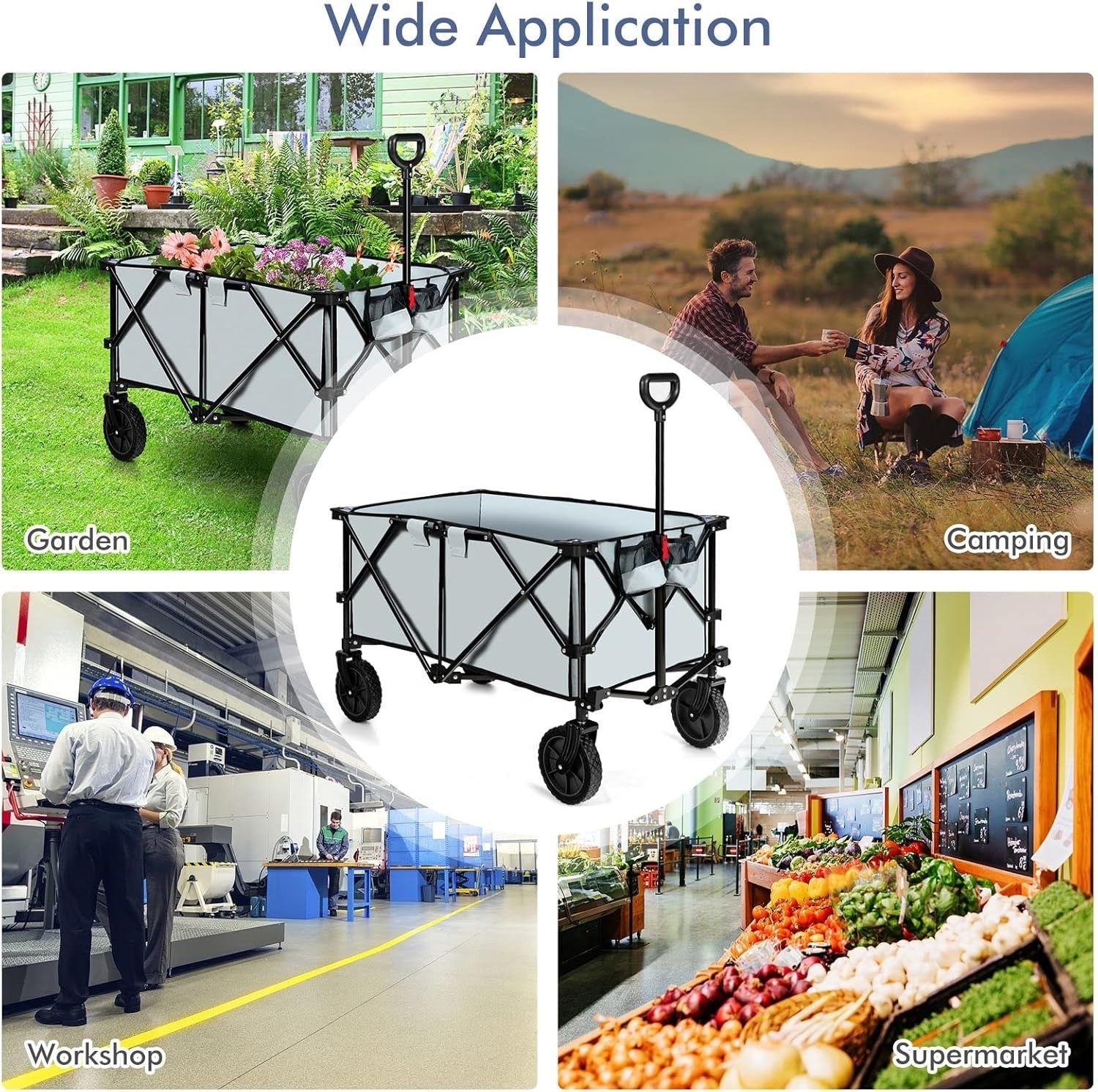 Folding Camping Wagon Utility Cart Beach Garden Trolley w Cup Holders