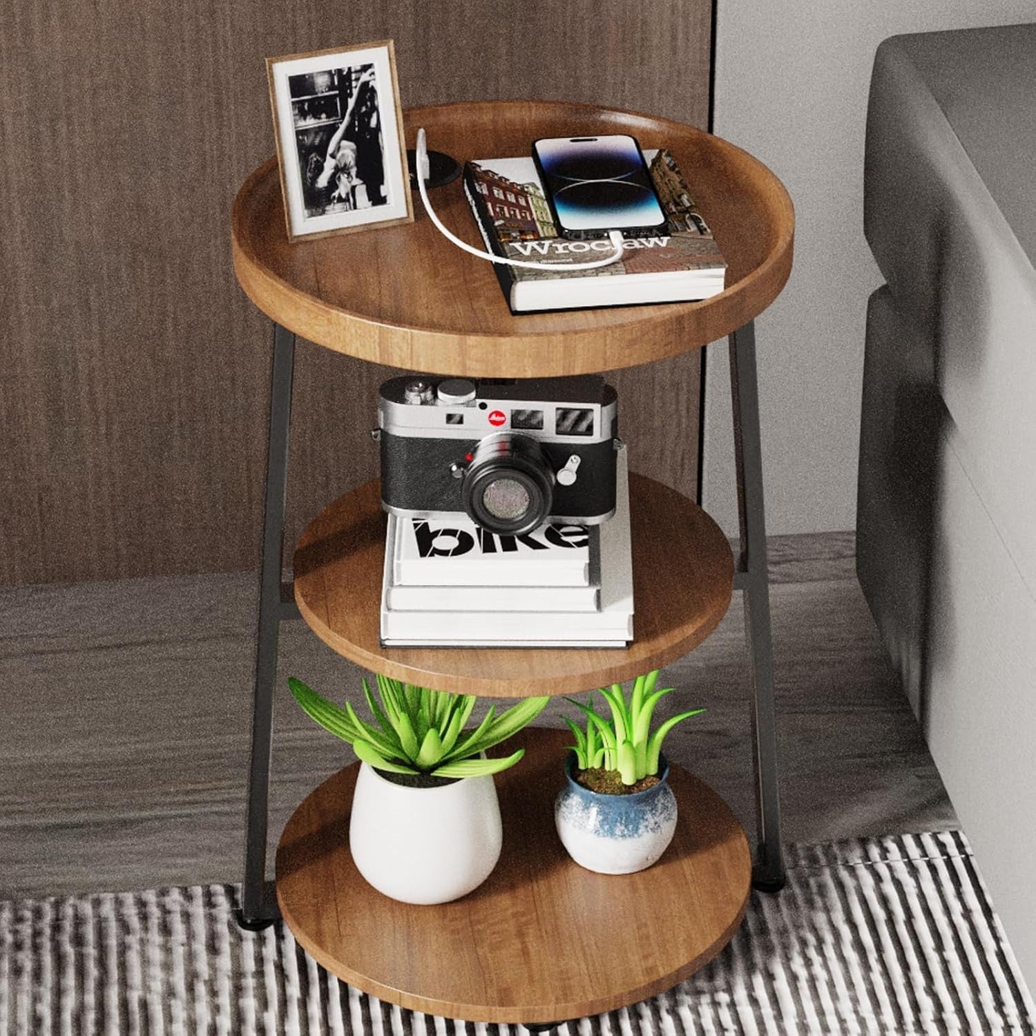 3-Tier Round Rustic Brown Side Table with Charging Station, 40x40x61cm
