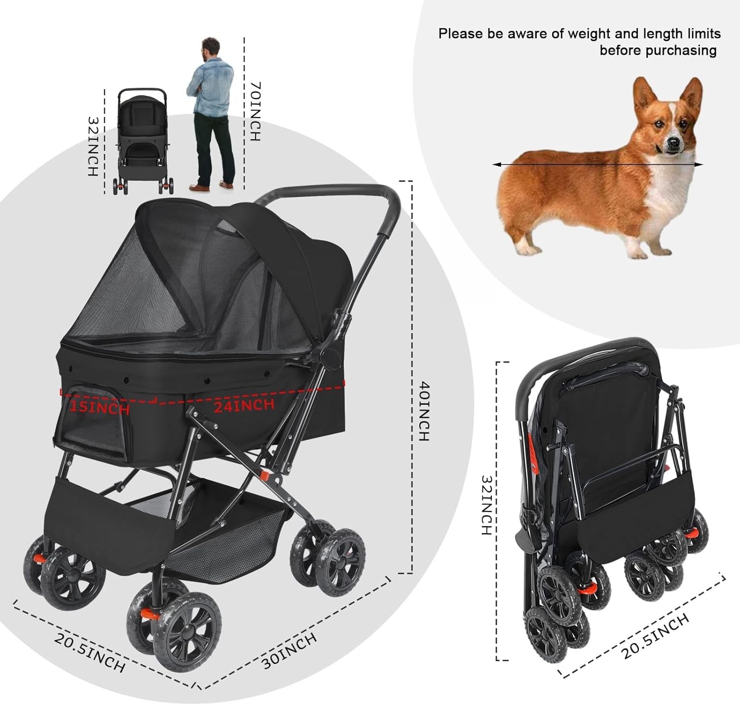 Pet Stroller for Medium Dogs up to 20kg Foldable 4 Wheel Dog Cat Pram