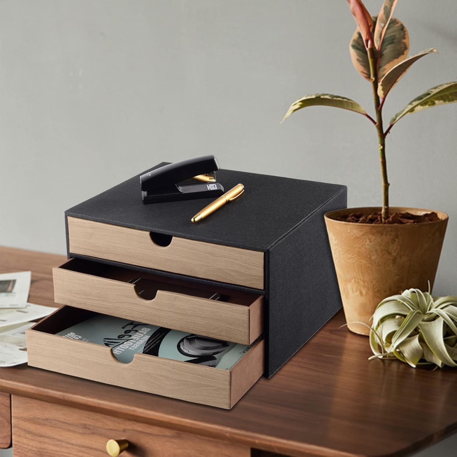 Luxury PU Leather Desk Organizer 3 Drawers Desktop File Holder Storage Box