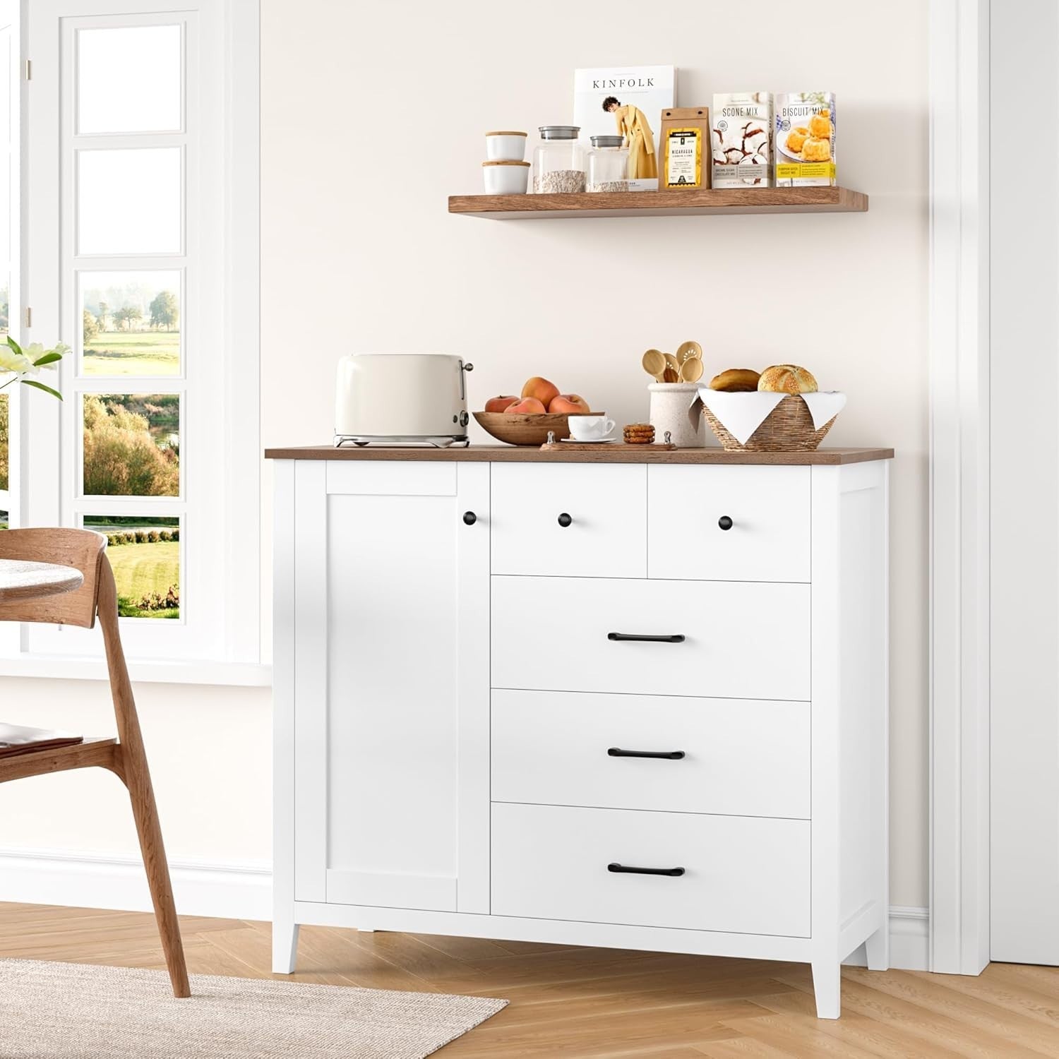 Modern Kitchen Sideboard with Adjustable Shelf & 5 Drawers White Brown
