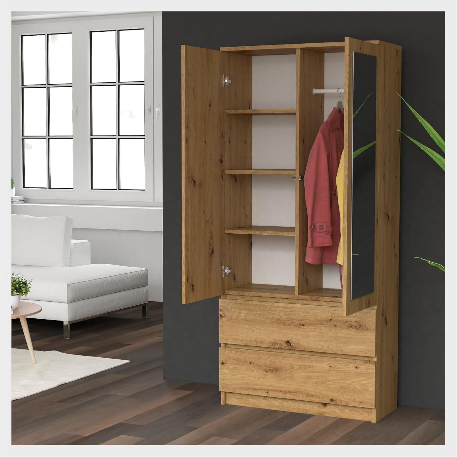Modern Mirrored Double Wardrobe with Drawers – Oak Finish 2 Door