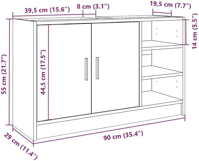 Grey Sonoma Bathroom Sink Cabinet 90cm Modern Storage Unit with 2 Doors & Shelve