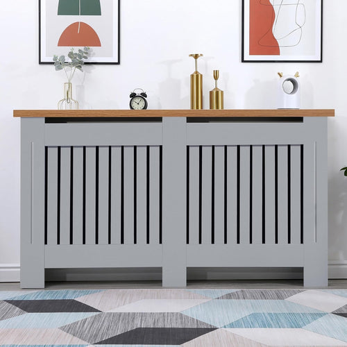 Large Gray Radiator Cover MDF Wood Cabinet Modern Vertical Slat Oak Shelf