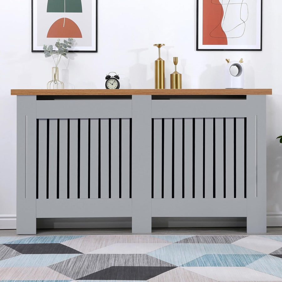 Large Gray Radiator Cover MDF Wood Cabinet Modern Vertical Slat Oak Shelf