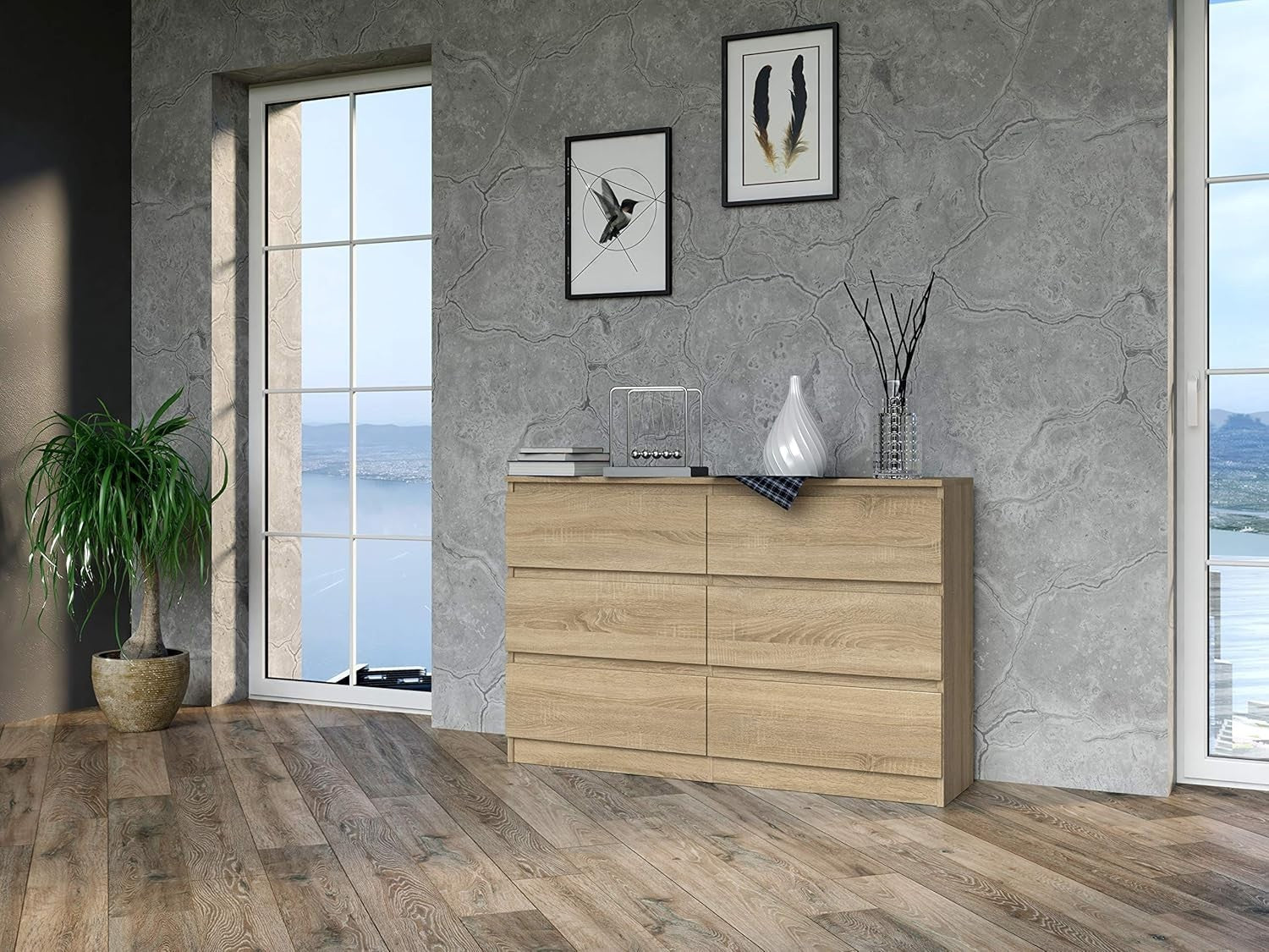 Modern 6-Drawer Sonoma Oak Dresser Chest – Smooth Glide, Space-Saving Storage