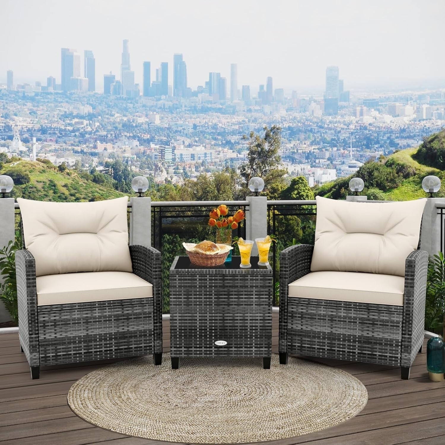 3PC Rattan Garden Bistro Set White Chairs Cushions Table Outdoor Furniture