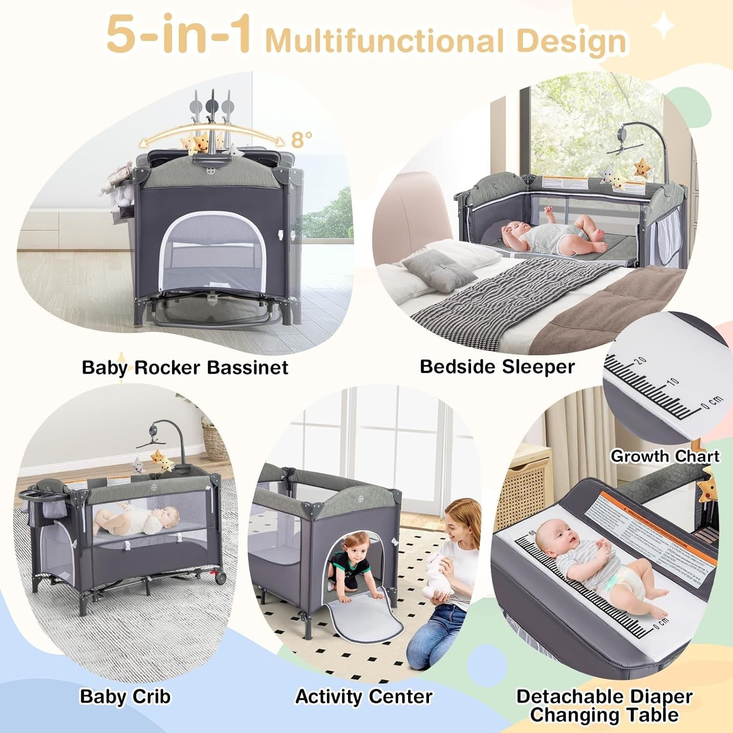 5in1 Travel Cot Baby Bedside Foldable Crib Bassinet Portable Playard Grey
