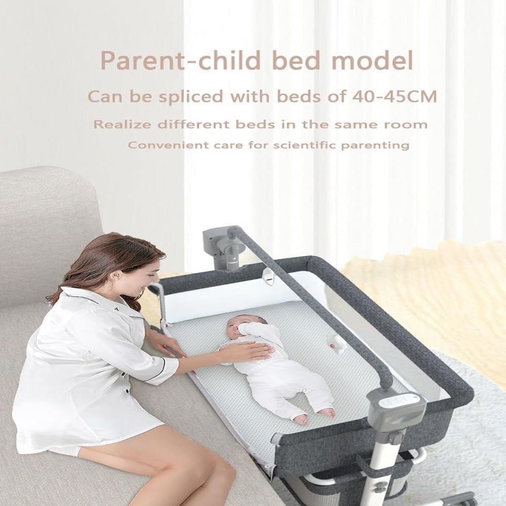 Adjustable Baby Bedside Crib Electric Co-Sleeper with Mattress & Storage Khaki