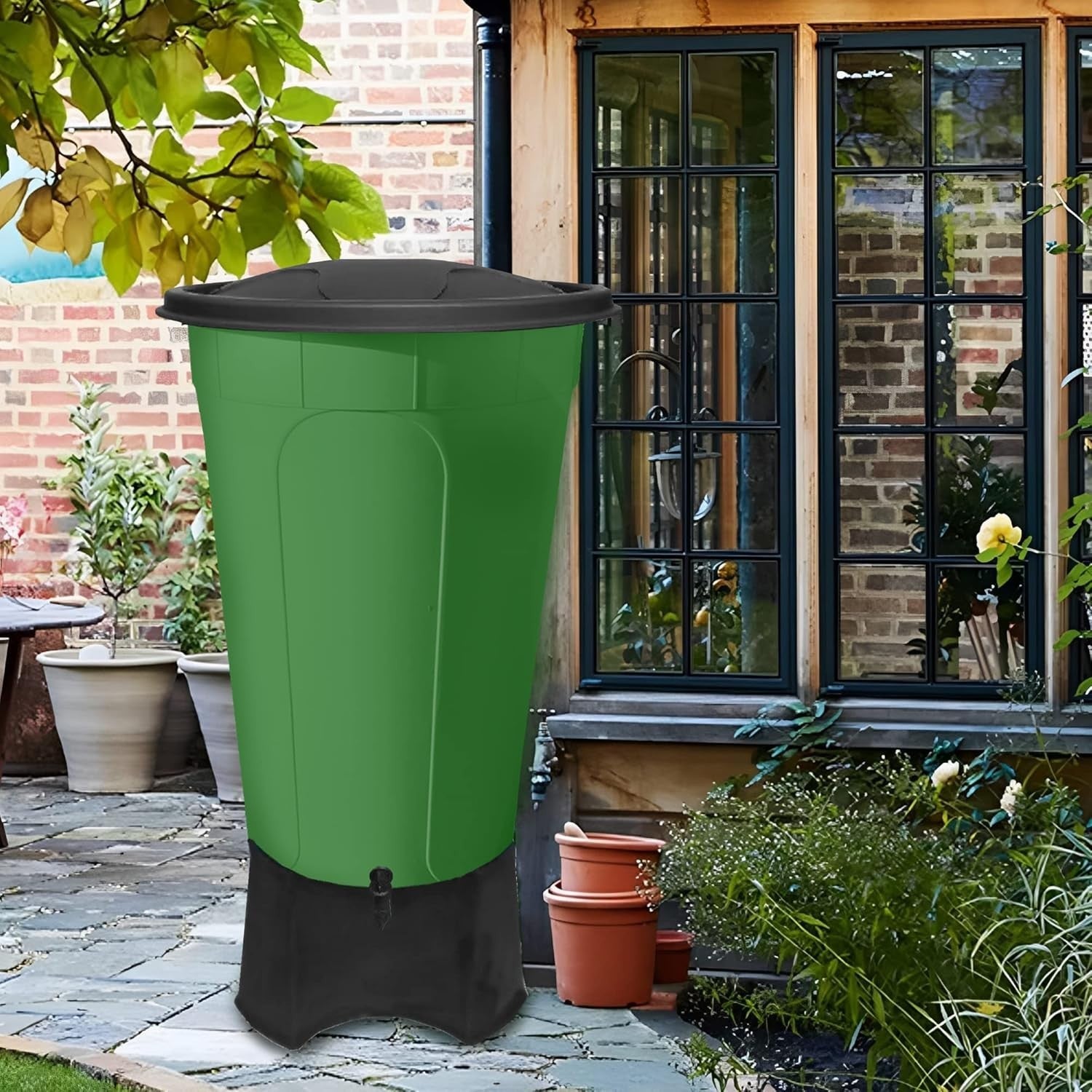 210L Green Water Butt Kit With Stand Tap & Lid Heavy Duty Rain Barrel