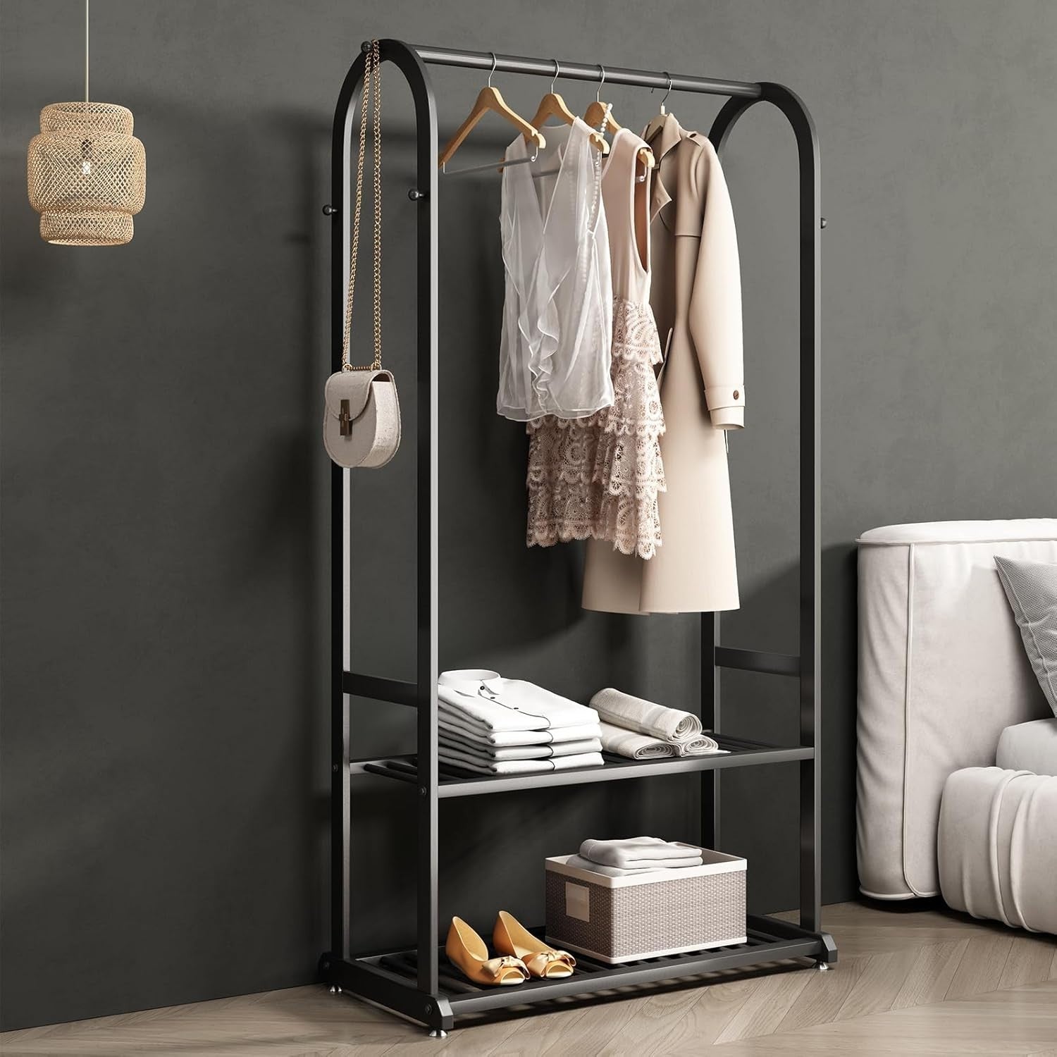 Heavy Duty Clothes Rail with Shelves & 6 Hooks Metal Rack
