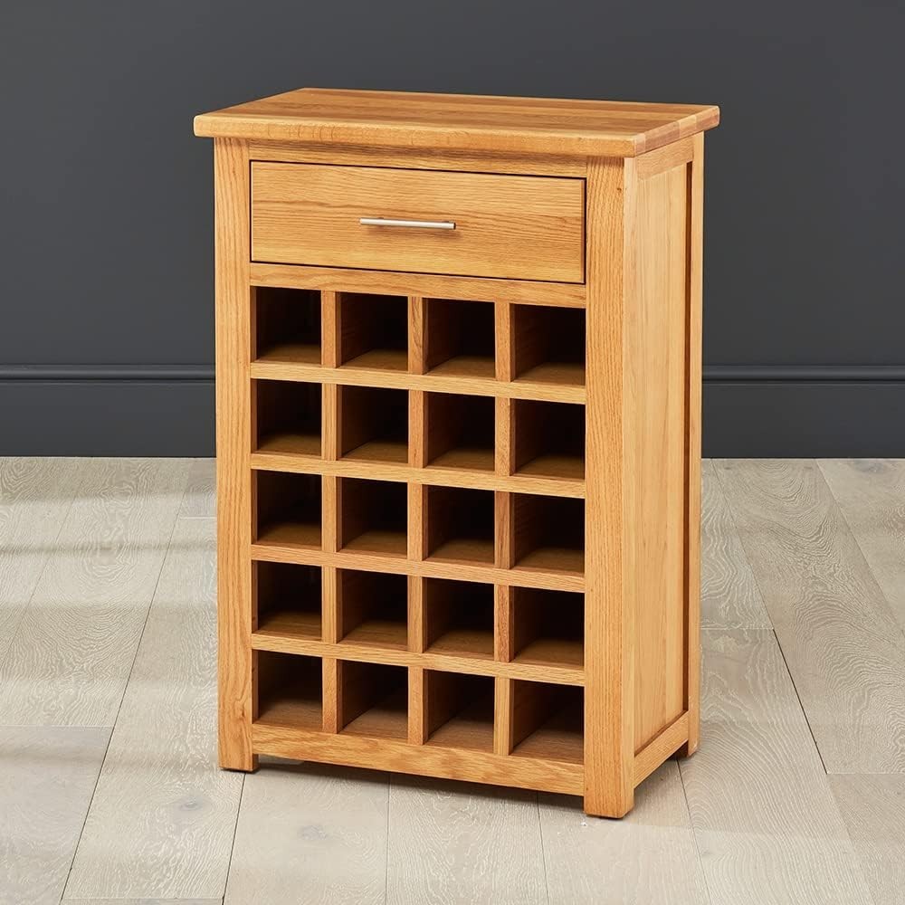 Solid Oak Wine Rack Cabinet Table 20 Bottle Storage Drawer Modern Lacquered