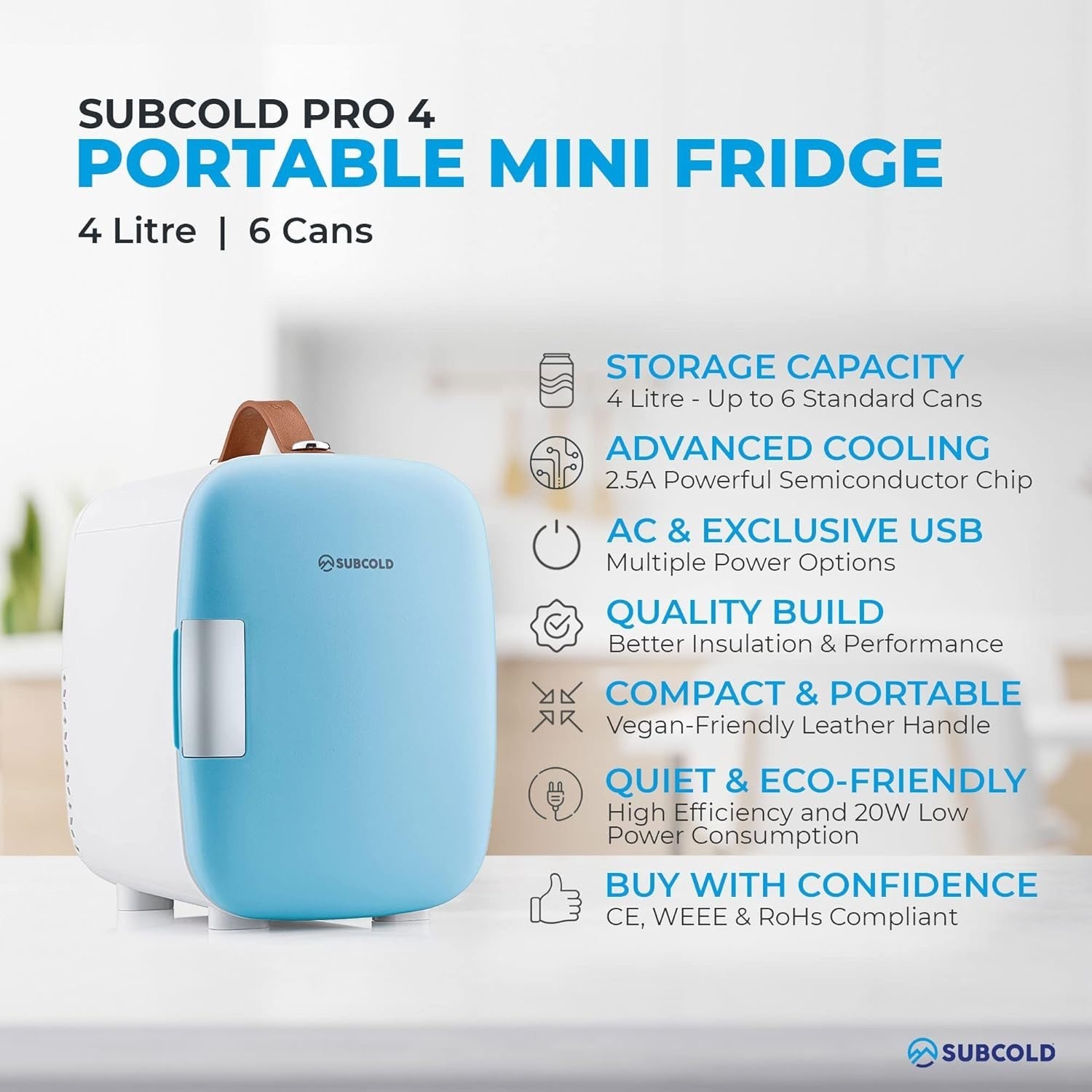 4L Mini Fridge USB & AC Powered Blue Portable Cooler Small