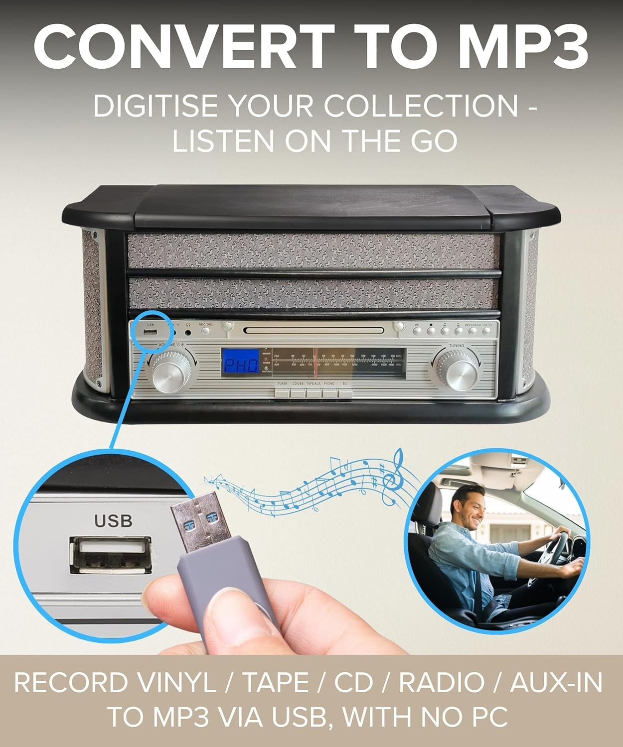 8-in-1 Retro Music System Vinyl CD Cassette Player Bluetooth Radio USB MP3