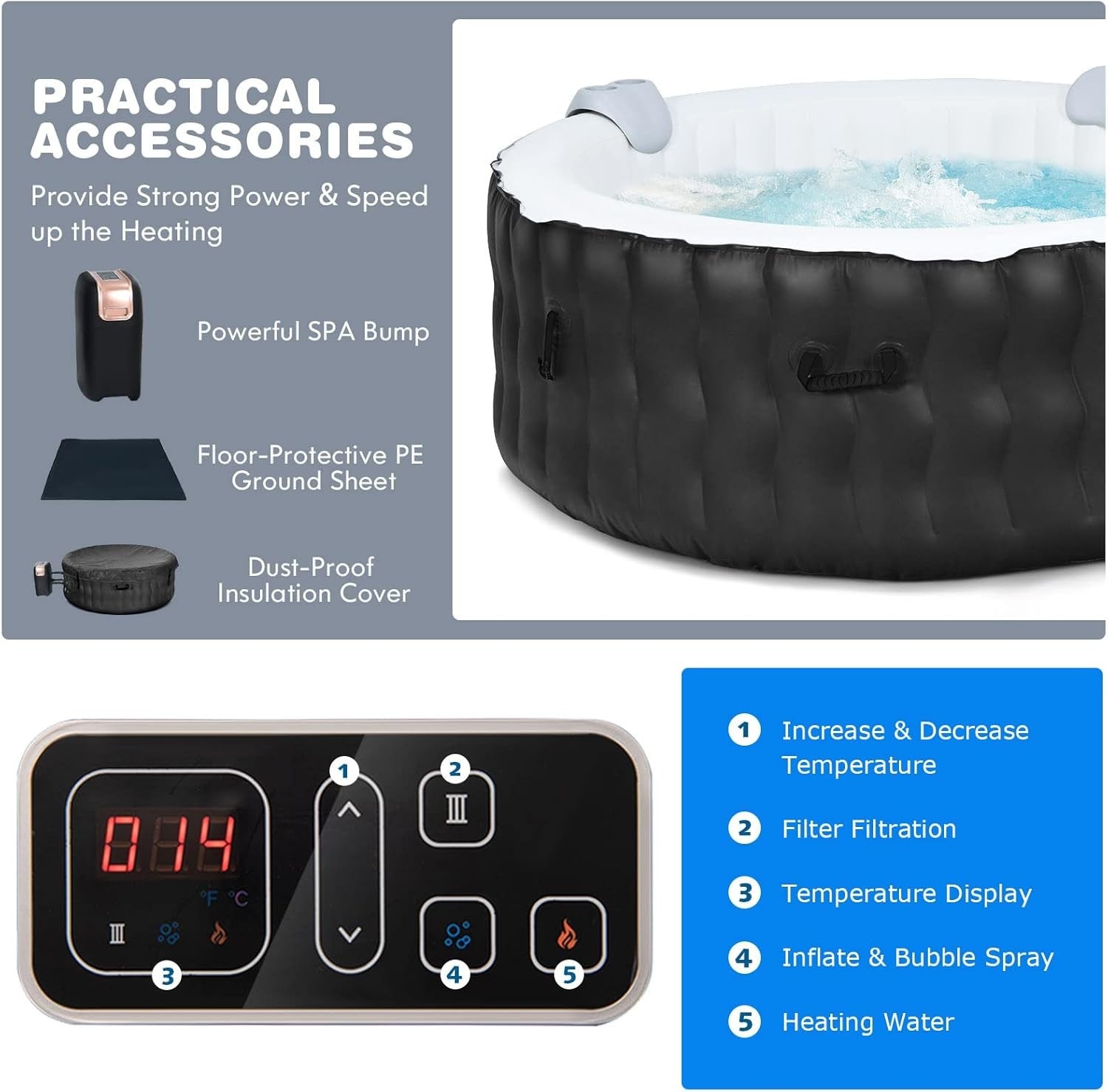 Inflatable Hot Tub Spa 108 Bubble Jets Heated 4–6 Person Round