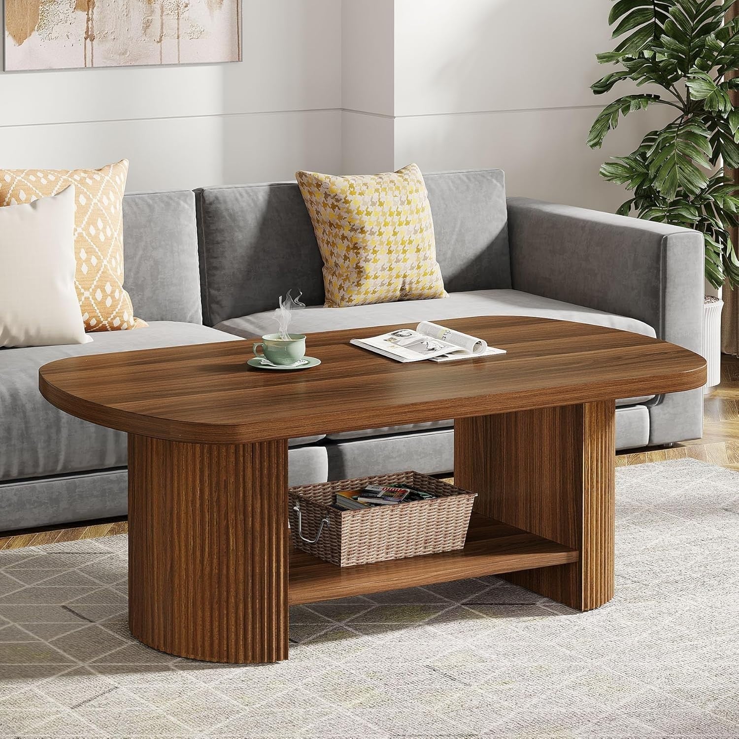 Oval 2-Tier Coffee Table with Storage Shelf, Mid-Century Rustic Brown 115cm
