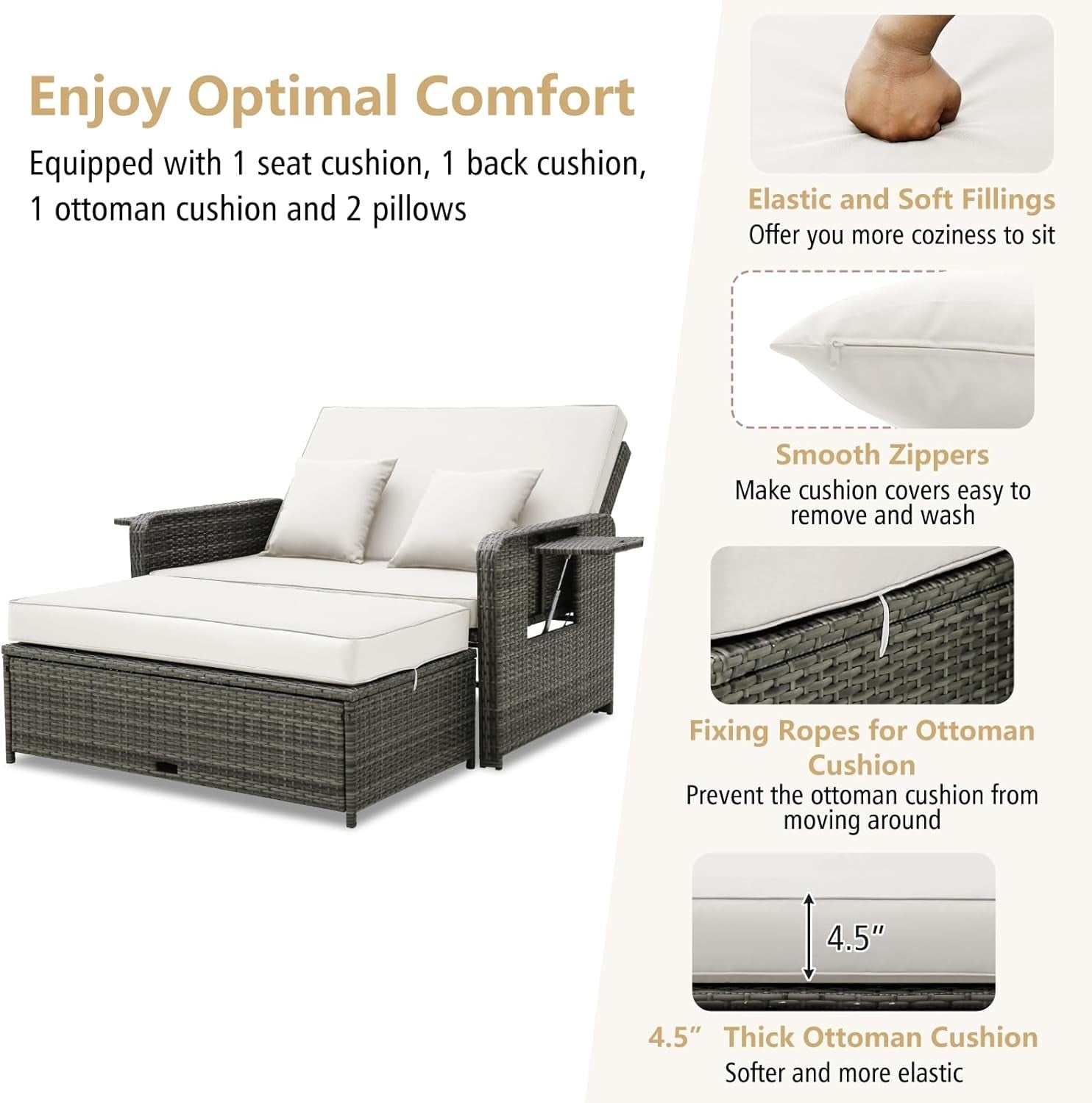 White+Grey 2-Seater Rattan Daybed Outdoor with Adjustable Back & Ottoman