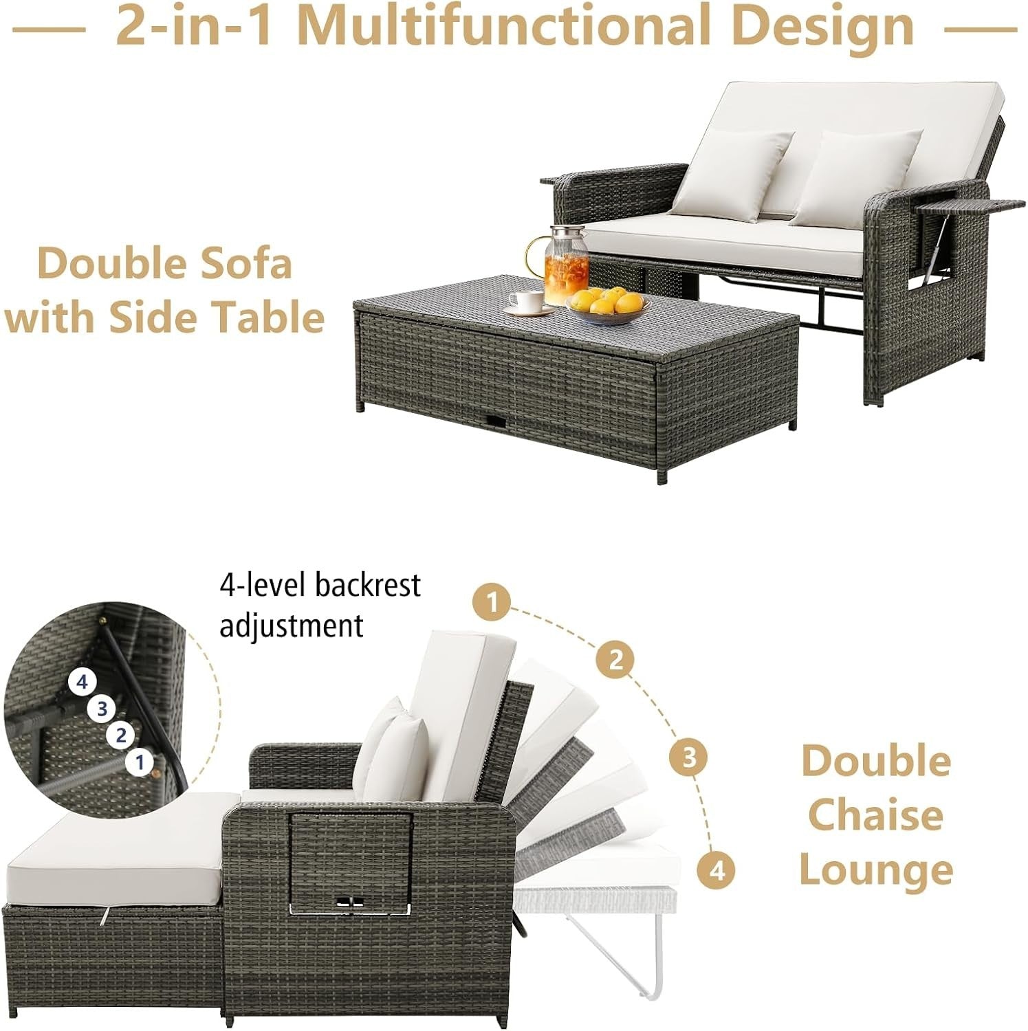 White+Grey 2-Seater Rattan Daybed Outdoor with Adjustable Back & Ottoman