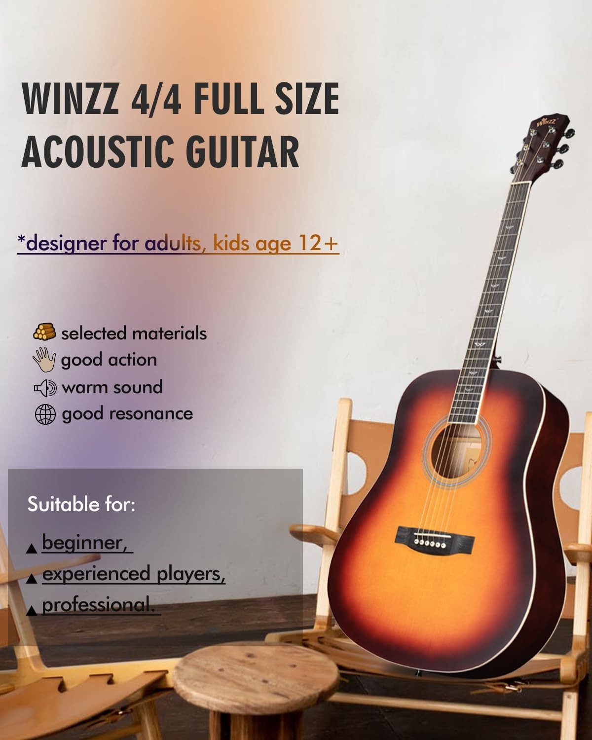 Full Size 4/4 Acoustic Guitar Starter Kit Sunburst Steel String